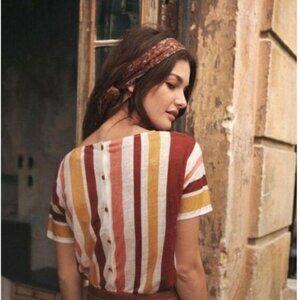 NWT PROSPER SEZANE blouse w red pink yellow ivory stripe & back buttons sz S